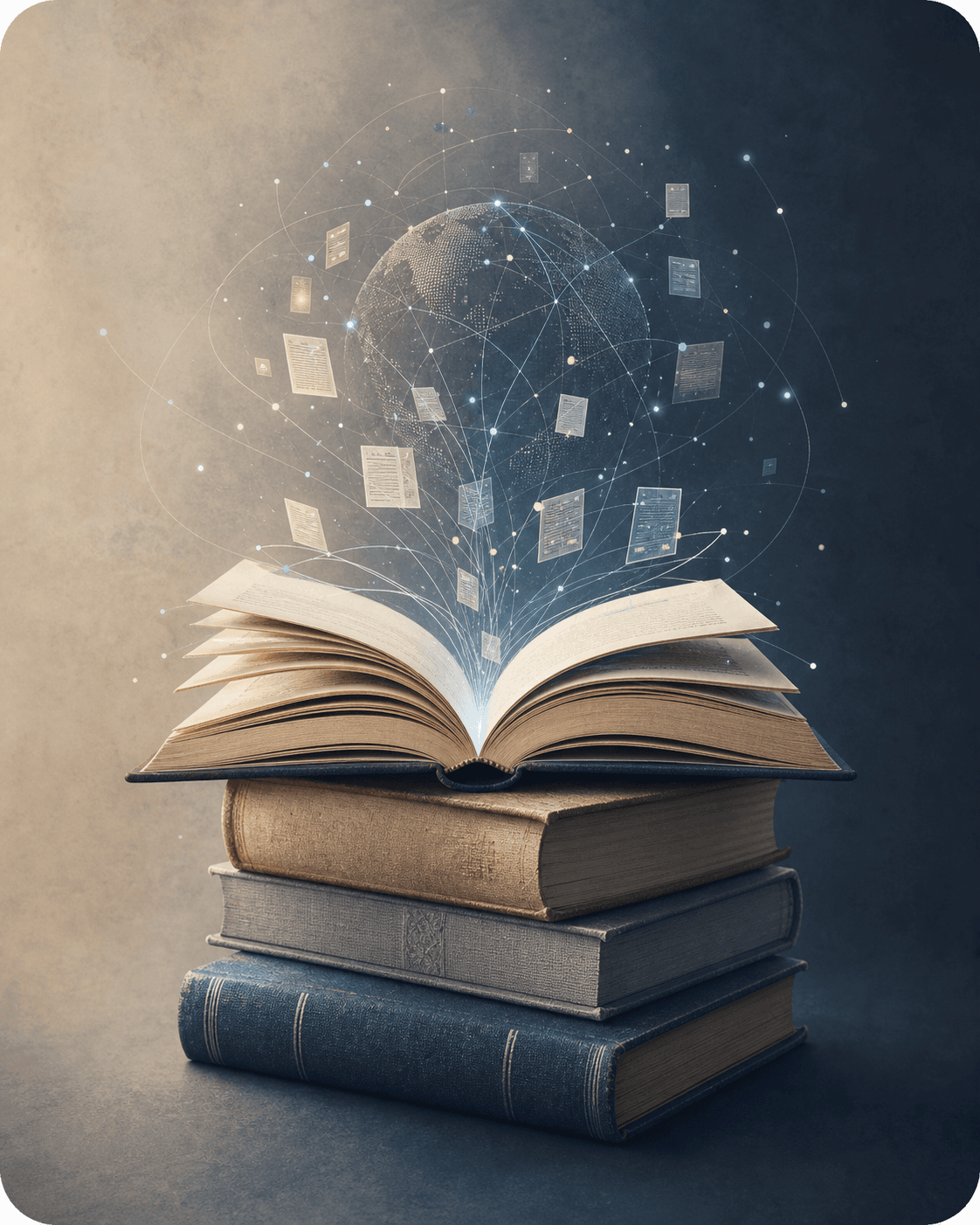 Vintage books transforming into an intelligent connected knowledge library